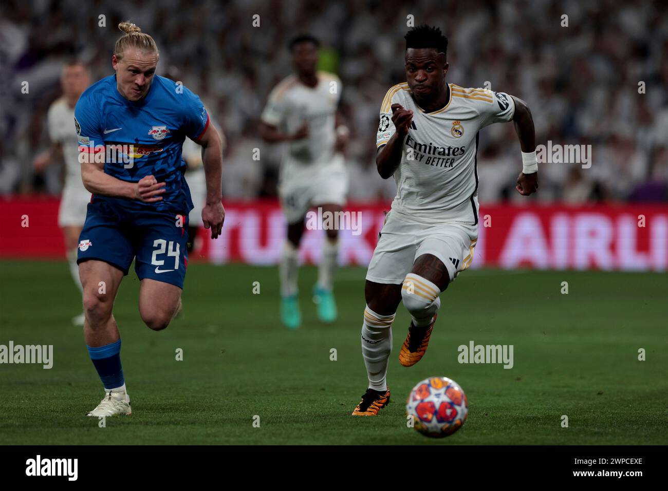 Madrid Spain; 06.03.2024.- Real Madrid player Vinicius Junior (R) and Leipzig player Xaver Schlager (L) Real Madrid draws with Leipzig but on aggregate they win 2-1 and advance to the next round of the Champion League Goal scored for Real Madrid by Vinicius Jr. 65`. Goal scored by Leipzig Willi Orban 68'. Photo: Juan Carlos Rojas Stock Photo